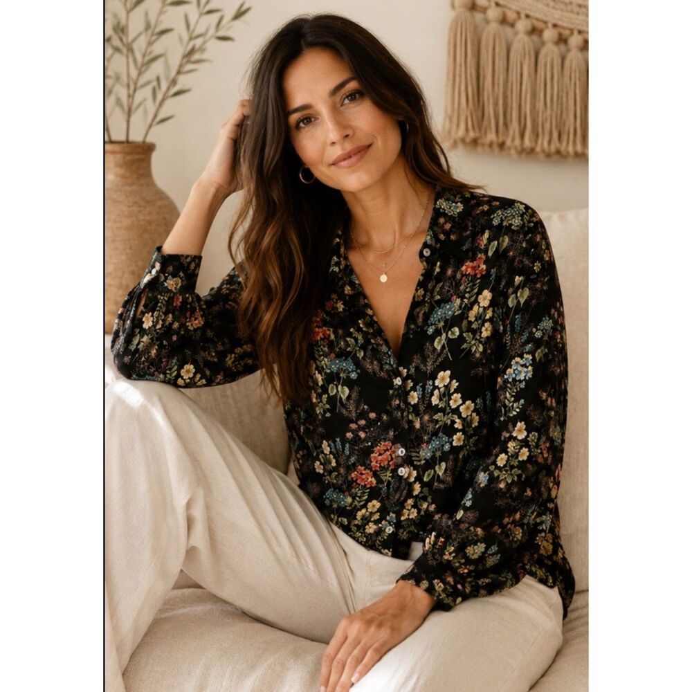 J Jill Blouse Womens LP Black Floral Button Up Shirt Dark Romantic Whimsigoth